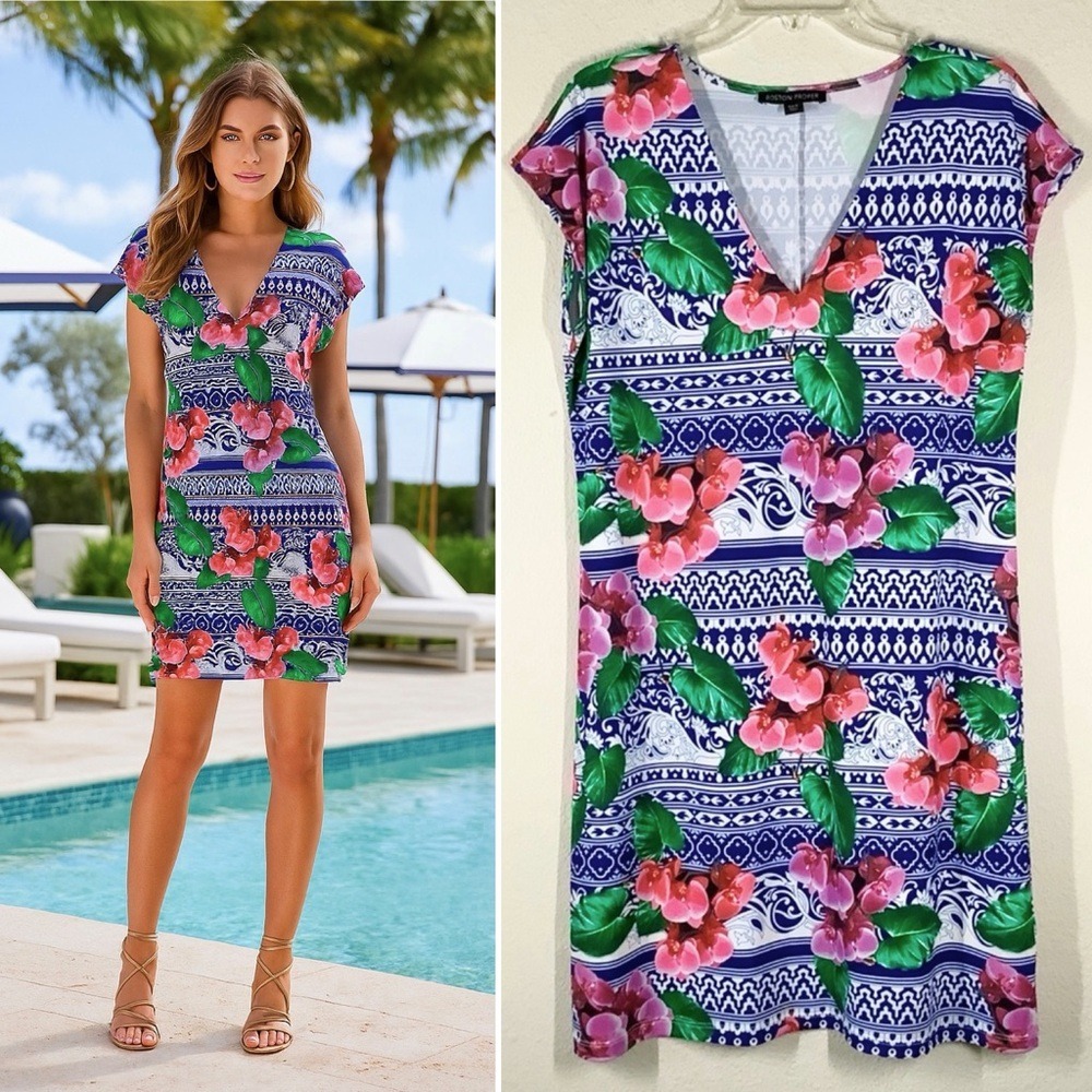 BOSTON PROPER Tropical Floral Resort Dress M Stretch Vacation Mediterranean